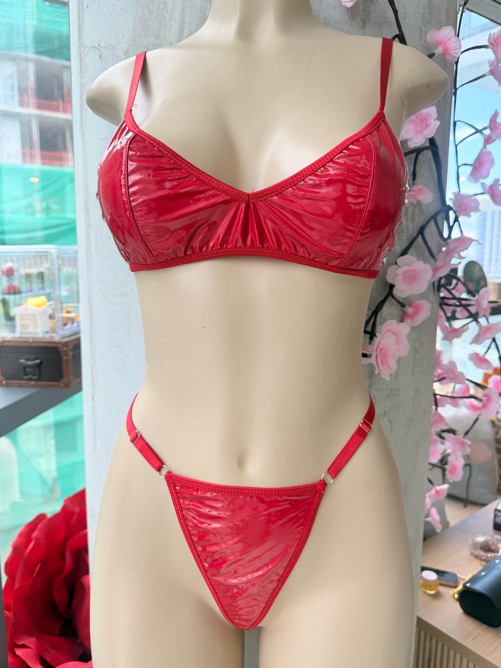 Fashion Nova Red Patent Pleather Two Piece Thong Lingerie Set Size Small